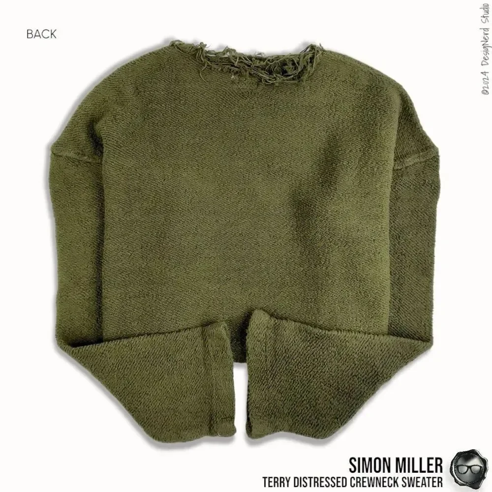 SIMON MILLER DISTRESSED CREWNECK SWEATER IN MOSS GREEN TERRY CLOTH 2016 OVERSIZE